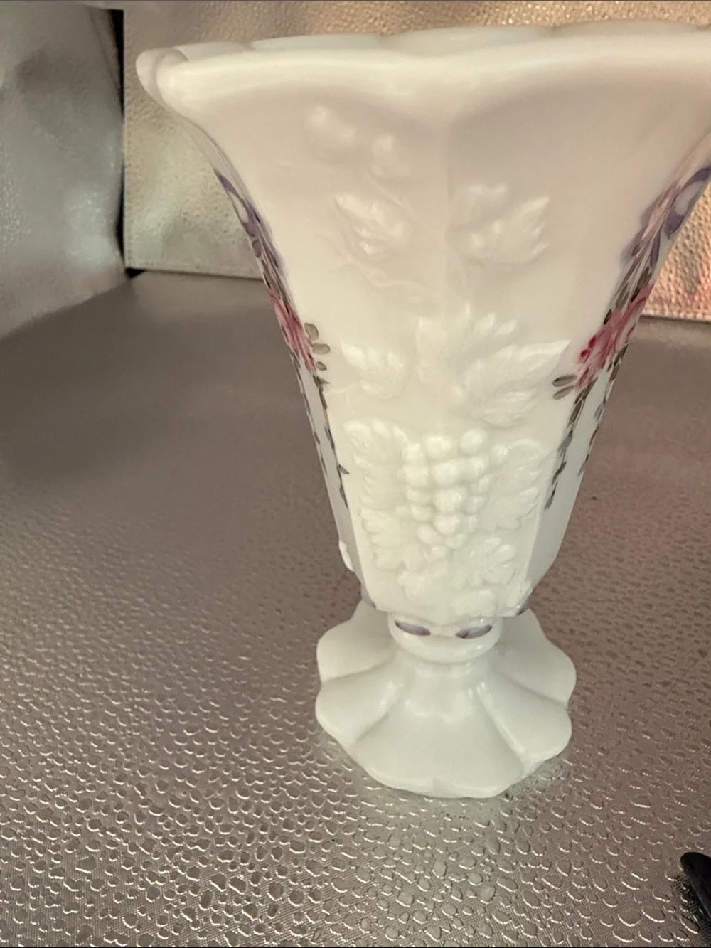 Vintage Westmoreland Flared Trumpet “ Roses and Bows” hand painted Vase